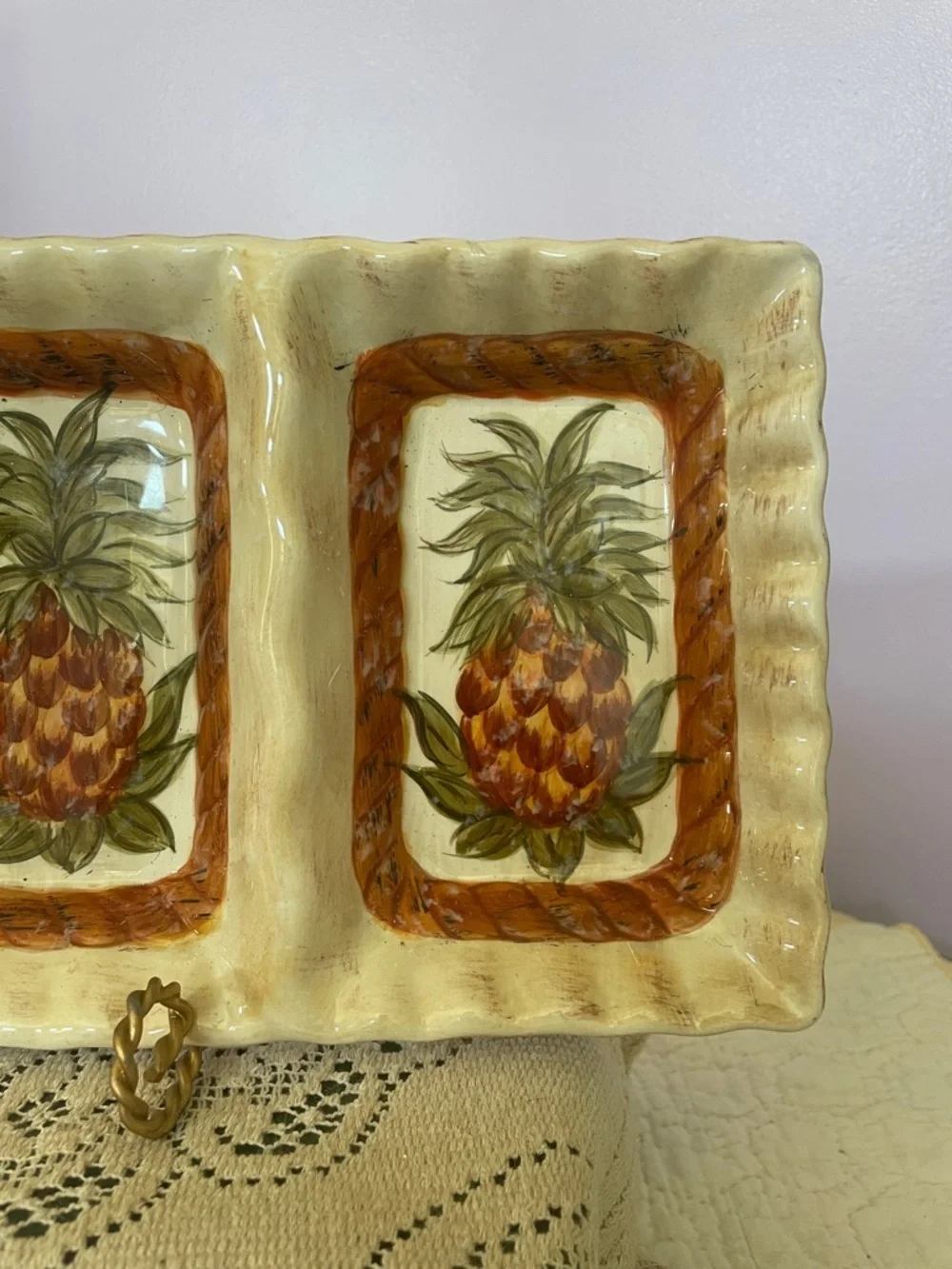 Ceramic Triple Pineapple Serving Tray - Cream and Brown and green like new